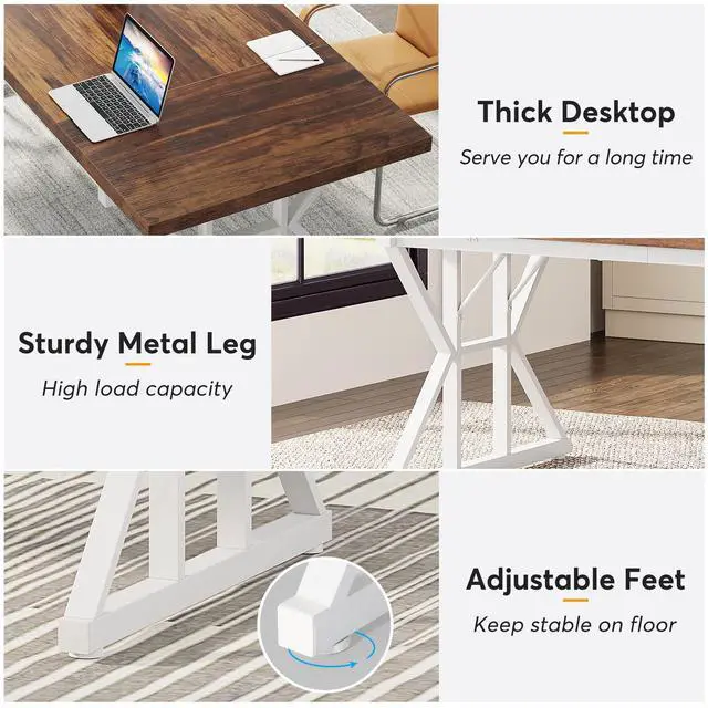 Alt view image 6 of 7 - 6FT Conference Table, 70.86 L x 31.49 W x 29.52 H Inches Rectangle Meeting Room Table, Rustic Wood Seminar Table Executive Desk for Office, Conference Room(Brown/White)