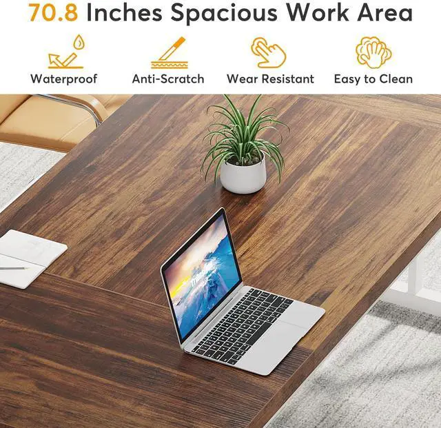 Alt view image 5 of 7 - 6FT Conference Table, 70.86 L x 31.49 W x 29.52 H Inches Rectangle Meeting Room Table, Rustic Wood Seminar Table Executive Desk for Office, Conference Room(Brown/White)