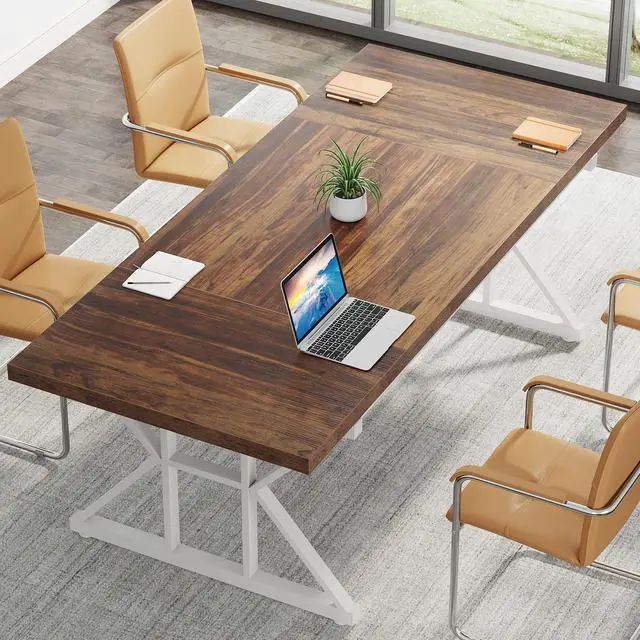 Alt view image 7 of 7 - 6FT Conference Table, 70.86 L x 31.49 W x 29.52 H Inches Rectangle Meeting Room Table, Rustic Wood Seminar Table Executive Desk for Office, Conference Room(Brown/White)