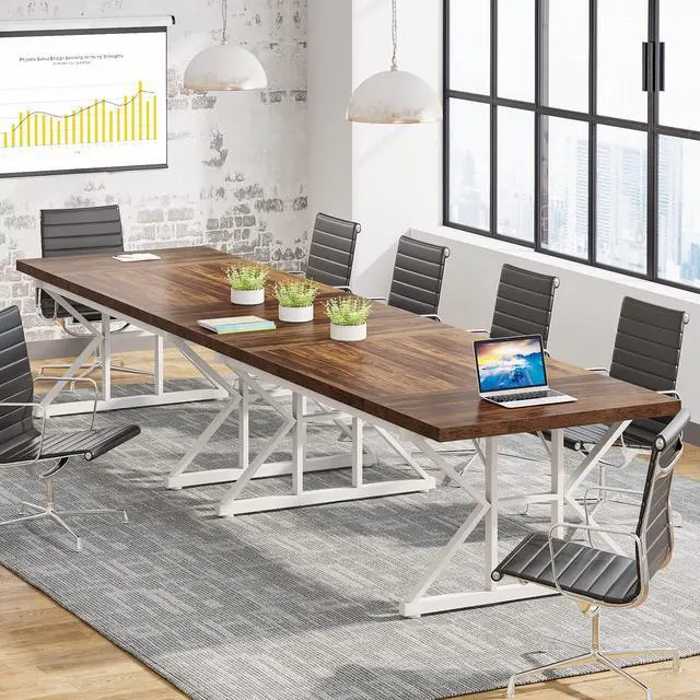 Alt view image 4 of 7 - 6FT Conference Table, 70.86 L x 31.49 W x 29.52 H Inches Rectangle Meeting Room Table, Rustic Wood Seminar Table Executive Desk for Office, Conference Room(Brown/White)
