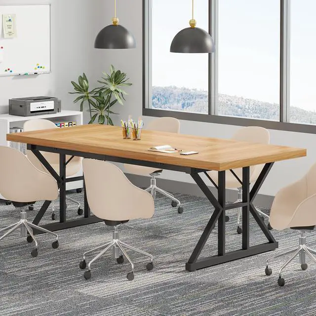 Alt view image 4 of 7 - 6FT Conference Table, 70.86 L x 31.49 W x 29.52 H Inches Rectangle Meeting Room Table, Rustic Wood Seminar Table Executive Desk for Office, Conference Room (Light Walnut)