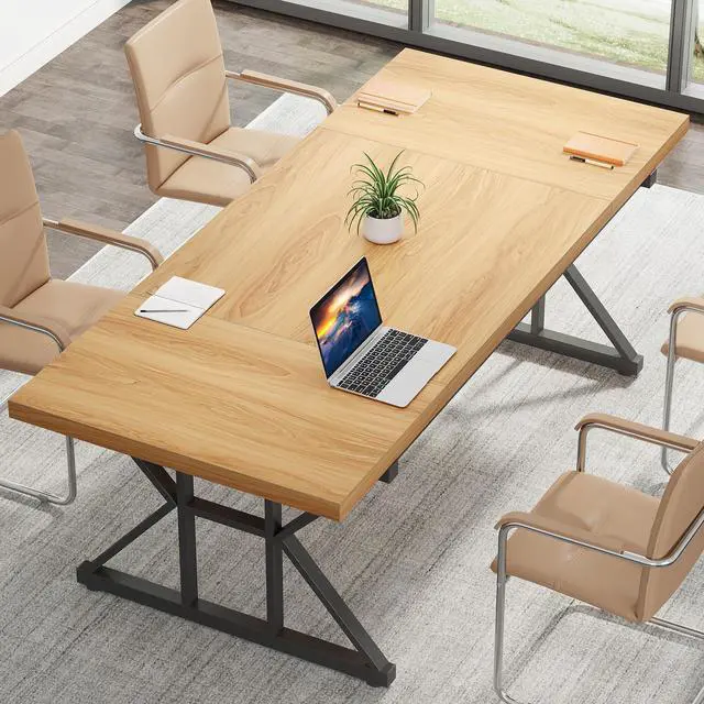 Alt view image 5 of 7 - 6FT Conference Table, 70.86 L x 31.49 W x 29.52 H Inches Rectangle Meeting Room Table, Rustic Wood Seminar Table Executive Desk for Office, Conference Room (Light Walnut)