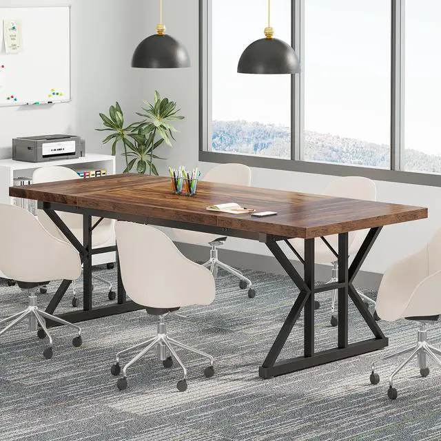 Alt view image 4 of 7 - 6FT Conference Table, 70.86 L x 31.49 W x 29.52 H Inches Rectangle Meeting Room Table, Rustic Wood Seminar Table Executive Desk for Office, Conference Room (Black)