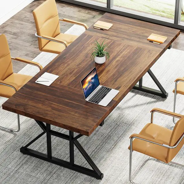 Alt view image 5 of 7 - 6FT Conference Table, 70.86 L x 31.49 W x 29.52 H Inches Rectangle Meeting Room Table, Rustic Wood Seminar Table Executive Desk for Office, Conference Room (Black)