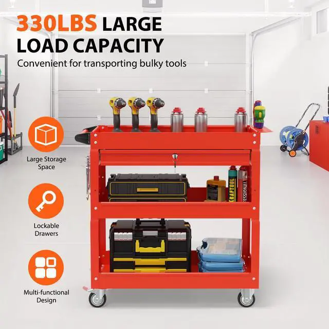 Alt view image 2 of 7 - 3-Tier Heavy Duty Utility Cart on Wheels, Rolling Tool Cart on Wheels with a Drawer, 350 Lbs Load Capacity Rolling Tool Storage Organizer for Garage, Warehouse and Repair Shop(Red)