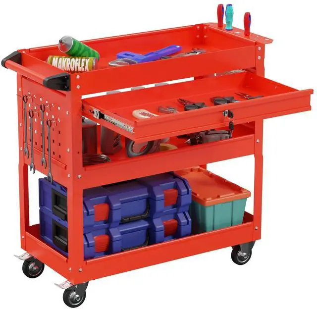 Main image of 3-Tier Heavy Duty Utility Cart on Wheels, Rolling Tool Cart on Wheels with a Drawer, 350 Lbs Load Capacity Rolling Tool Storage Organizer for Garage, Warehouse and Repair Shop(Red)