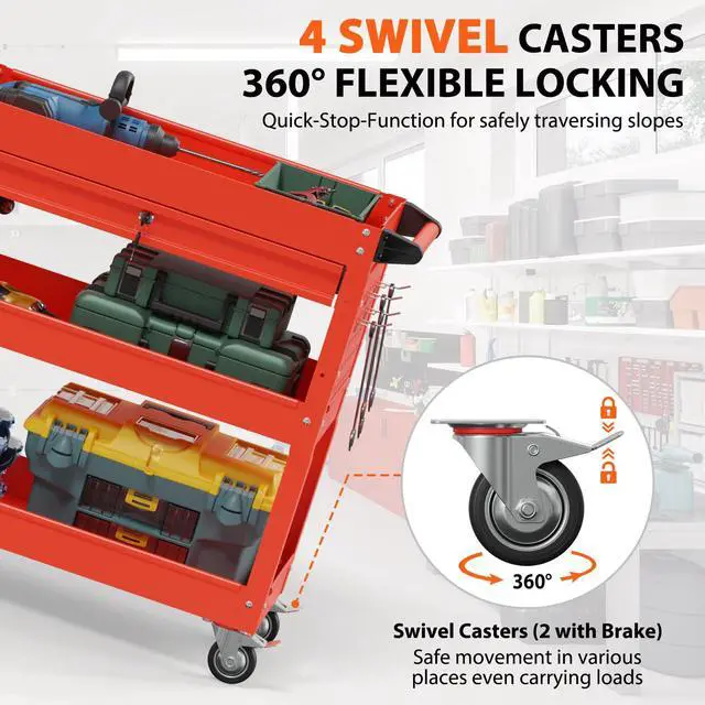 Alt view image 3 of 7 - 3-Tier Heavy Duty Utility Cart on Wheels, Rolling Tool Cart on Wheels with a Drawer, 350 Lbs Load Capacity Rolling Tool Storage Organizer for Garage, Warehouse and Repair Shop(Red)