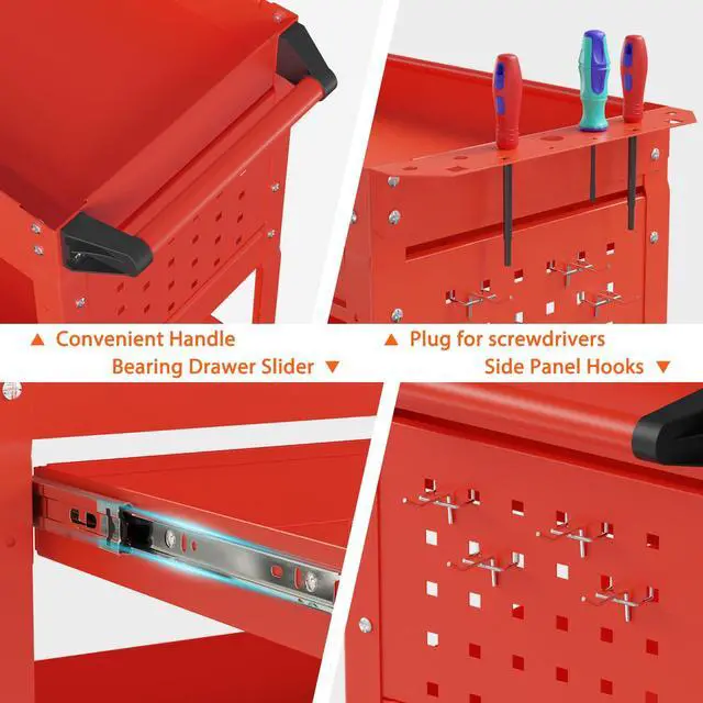 Alt view image 5 of 7 - 3-Tier Heavy Duty Utility Cart on Wheels, Rolling Tool Cart on Wheels with a Drawer, 350 Lbs Load Capacity Rolling Tool Storage Organizer for Garage, Warehouse and Repair Shop(Red)