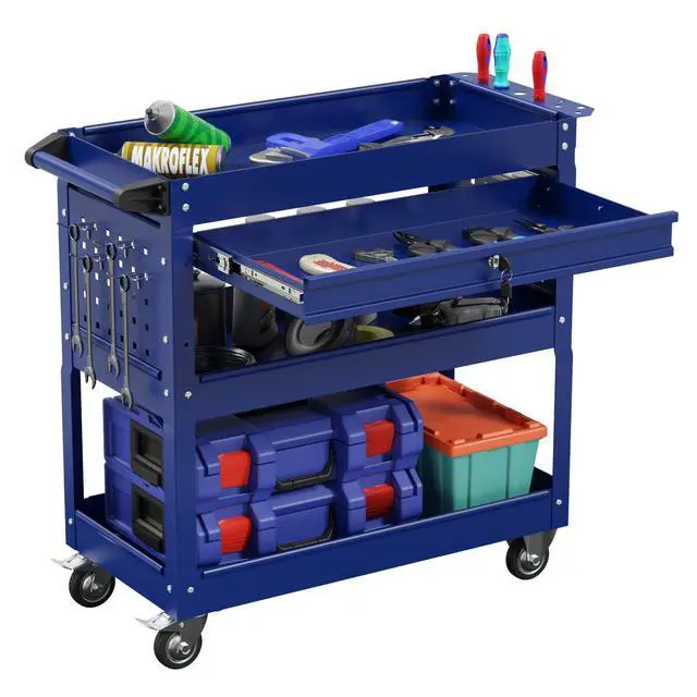 Main image of 3-Tier Heavy Duty Utility Cart on Wheels, Rolling Tool Cart on Wheels with a Drawer, 350 Lbs Load Capacity Rolling Tool Storage Organizer for Garage, Warehouse and Repair Shop(Dark Blue)