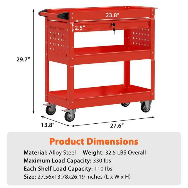 Alt view image 7 of 7 - 3-Tier Heavy Duty Utility Cart on Wheels, Rolling Tool Cart on Wheels with a Drawer, 350 Lbs Load Capacity Rolling Tool Storage Organizer for Garage, Warehouse and Repair Shop(Red)
