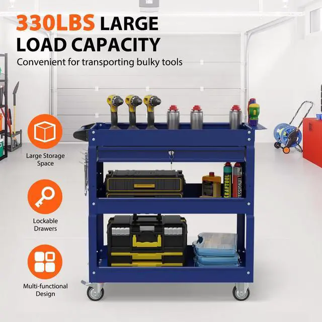 Alt view image 2 of 7 - 3-Tier Heavy Duty Utility Cart on Wheels, Rolling Tool Cart on Wheels with a Drawer, 350 Lbs Load Capacity Rolling Tool Storage Organizer for Garage, Warehouse and Repair Shop(Dark Blue)