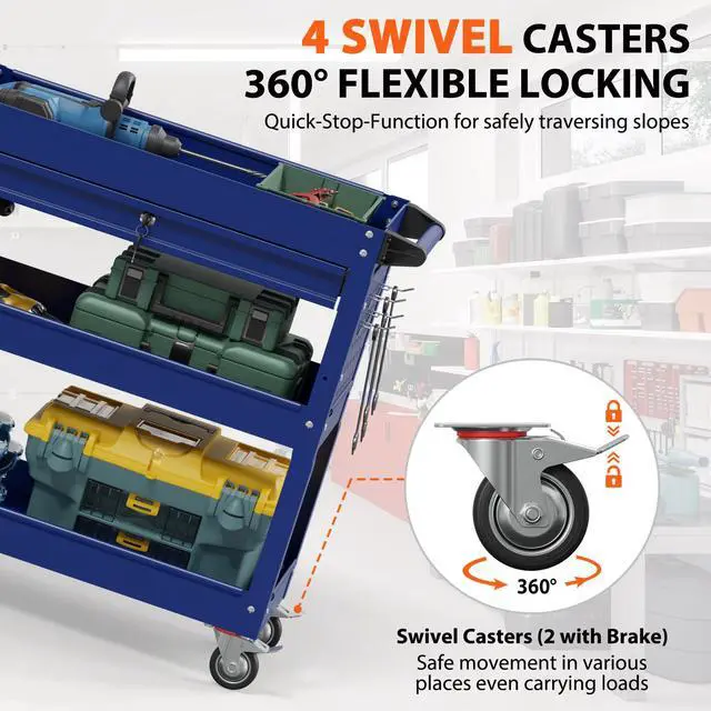 Alt view image 3 of 7 - 3-Tier Heavy Duty Utility Cart on Wheels, Rolling Tool Cart on Wheels with a Drawer, 350 Lbs Load Capacity Rolling Tool Storage Organizer for Garage, Warehouse and Repair Shop(Dark Blue)