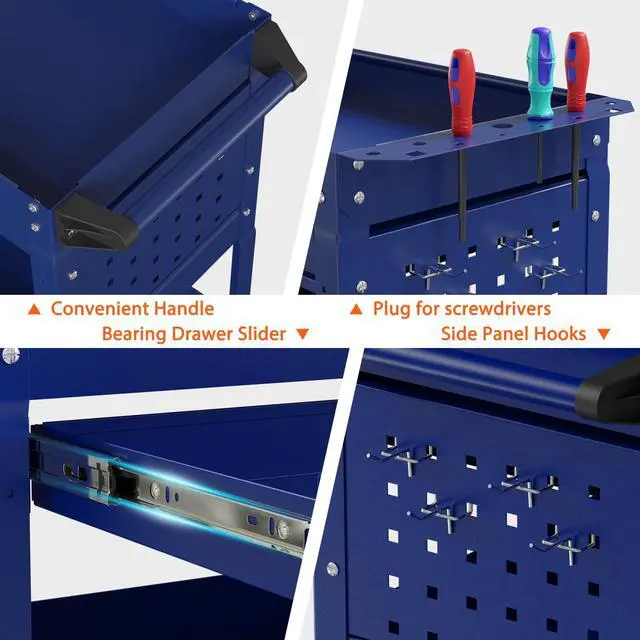 Alt view image 5 of 7 - 3-Tier Heavy Duty Utility Cart on Wheels, Rolling Tool Cart on Wheels with a Drawer, 350 Lbs Load Capacity Rolling Tool Storage Organizer for Garage, Warehouse and Repair Shop(Dark Blue)