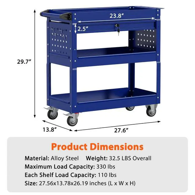 Alt view image 7 of 7 - 3-Tier Heavy Duty Utility Cart on Wheels, Rolling Tool Cart on Wheels with a Drawer, 350 Lbs Load Capacity Rolling Tool Storage Organizer for Garage, Warehouse and Repair Shop(Dark Blue)