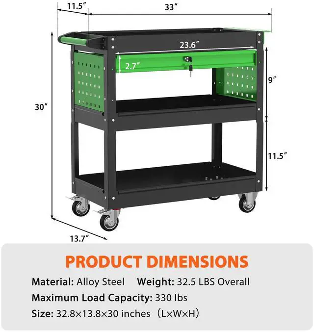 Alt view image 2 of 7 - 3-Tier Heavy Duty Utility Cart on Wheels, Rolling Tool Cart on Wheels with a Drawer, 350 Lbs Load Capacity Service Cart for Warehous, Garage and Repair Shop (Black&Green)