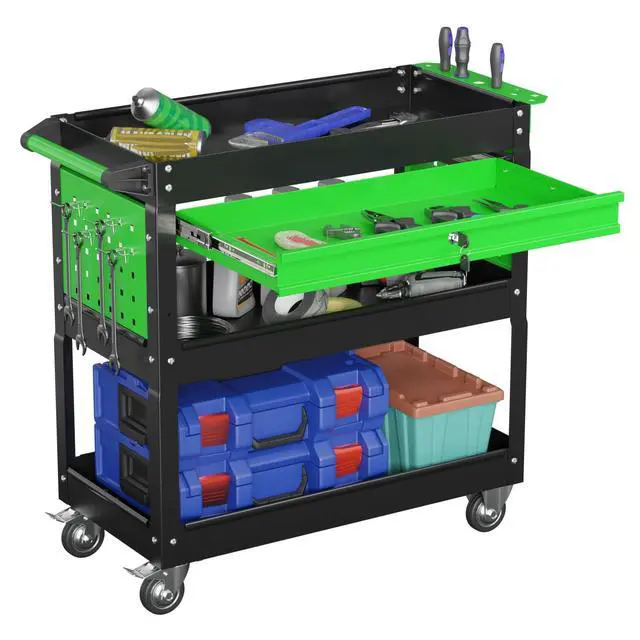 Main image of 3-Tier Heavy Duty Utility Cart on Wheels, Rolling Tool Cart on Wheels with a Drawer, 350 Lbs Load Capacity Service Cart for Warehous, Garage and Repair Shop (Black&Green)