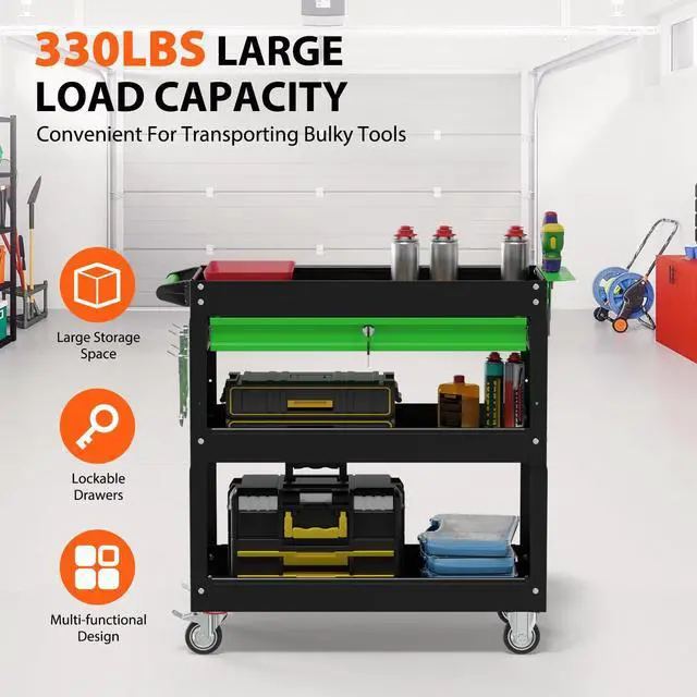 Alt view image 3 of 7 - 3-Tier Heavy Duty Utility Cart on Wheels, Rolling Tool Cart on Wheels with a Drawer, 350 Lbs Load Capacity Service Cart for Warehous, Garage and Repair Shop (Black&Green)