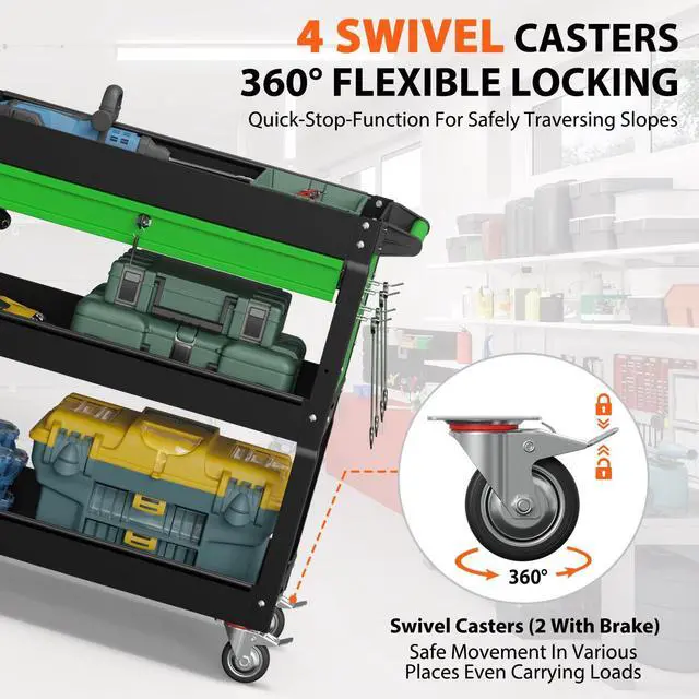 Alt view image 4 of 7 - 3-Tier Heavy Duty Utility Cart on Wheels, Rolling Tool Cart on Wheels with a Drawer, 350 Lbs Load Capacity Service Cart for Warehous, Garage and Repair Shop (Black&Green)