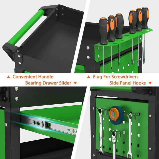 Alt view image 5 of 7 - 3-Tier Heavy Duty Utility Cart on Wheels, Rolling Tool Cart on Wheels with a Drawer, 350 Lbs Load Capacity Service Cart for Warehous, Garage and Repair Shop (Black&Green)