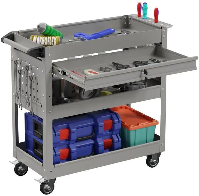 Main image of 3-Tier Heavy Duty Utility Cart on Wheels, Rolling Tool Cart on Wheels with a Drawer, 350 Lbs Load Capacity Service Cart for Warehous, Garage and Repair Shop (Grey)