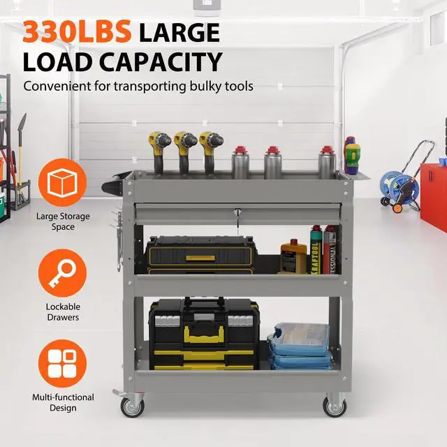 Alt view image 2 of 7 - 3-Tier Heavy Duty Utility Cart on Wheels, Rolling Tool Cart on Wheels with a Drawer, 350 Lbs Load Capacity Service Cart for Warehous, Garage and Repair Shop (Grey)