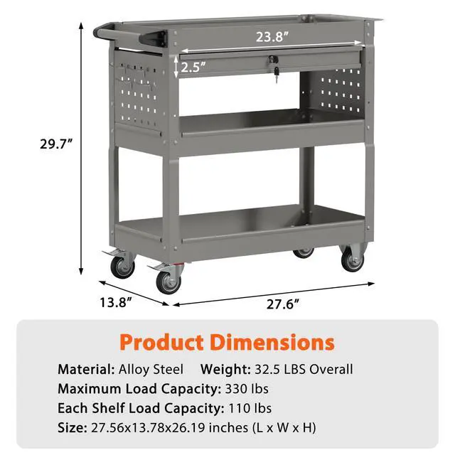 Alt view image 7 of 7 - 3-Tier Heavy Duty Utility Cart on Wheels, Rolling Tool Cart on Wheels with a Drawer, 350 Lbs Load Capacity Service Cart for Warehous, Garage and Repair Shop (Grey)