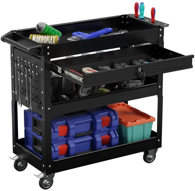 Main image of 3-Tier Heavy Duty Utility Cart on Wheels, Rolling Tool Cart on Wheels with a Drawer, 350 Lbs Load Capacity Service Cart for Warehous, Garage and Repair Shop (Black)