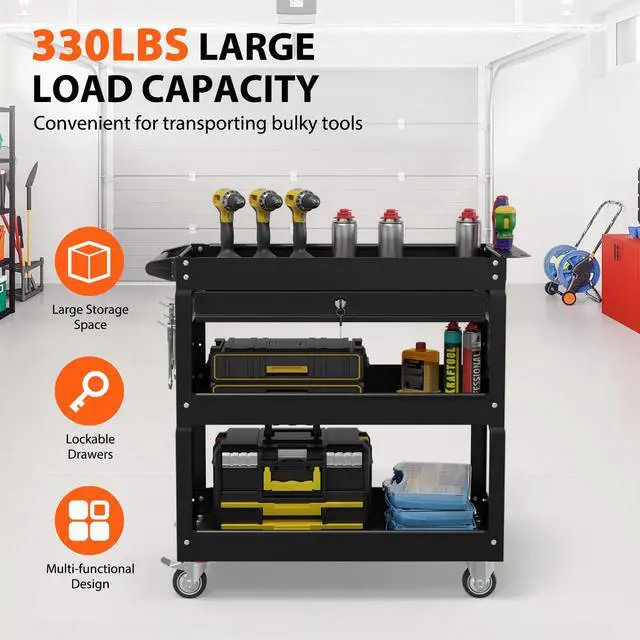 Alt view image 2 of 7 - 3-Tier Heavy Duty Utility Cart on Wheels, Rolling Tool Cart on Wheels with a Drawer, 350 Lbs Load Capacity Service Cart for Warehous, Garage and Repair Shop (Black)