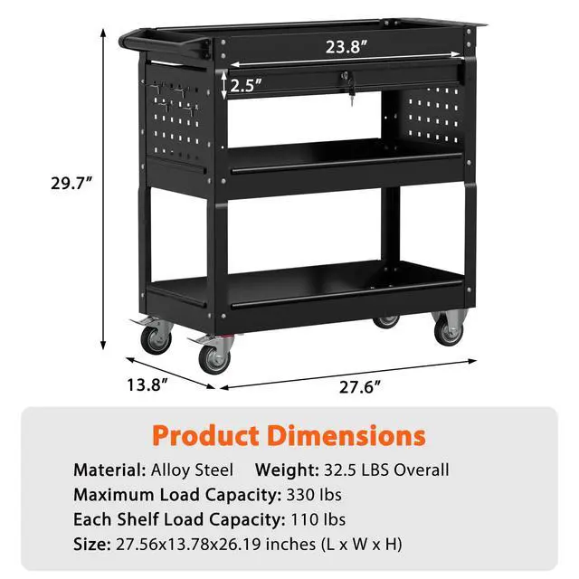Alt view image 7 of 7 - 3-Tier Heavy Duty Utility Cart on Wheels, Rolling Tool Cart on Wheels with a Drawer, 350 Lbs Load Capacity Service Cart for Warehous, Garage and Repair Shop (Black)