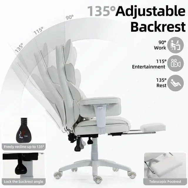 Alt view image 3 of 6 - Office Chair,Executive Ergonomic Office Chair with Pocket Spring Cushion, High Back Computer Gaming Chair with Adjustable Armrests, Lumbar Support, Footrest, Executive Chair- White PU Leather
