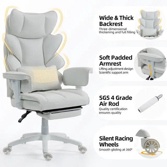 Alt view image 4 of 6 - Office Chair,Executive Ergonomic Office Chair with Pocket Spring Cushion, High Back Computer Gaming Chair with Adjustable Armrests, Lumbar Support, Footrest, Executive Chair- White PU Leather