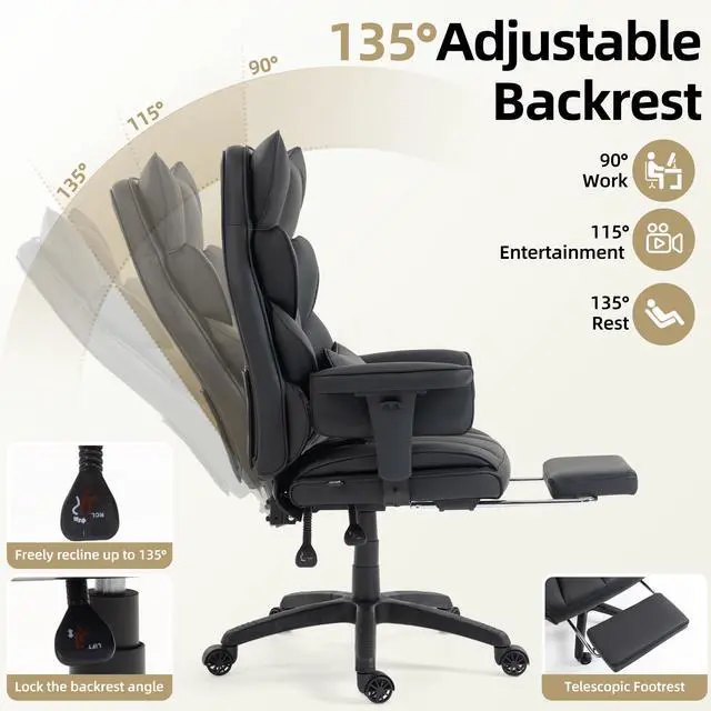 Alt view image 3 of 6 - Office Chair,Executive Ergonomic Office Chair with Pocket Spring Cushion, High Back Computer Gaming Chair with Adjustable Armrests, Lumbar Support, Footrest, Executive Chair - Black PU Leather