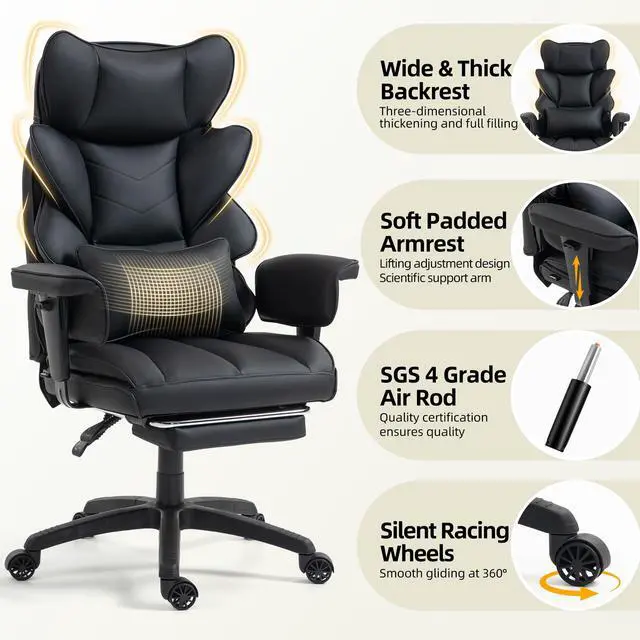 Alt view image 5 of 6 - Office Chair,Executive Ergonomic Office Chair with Pocket Spring Cushion, High Back Computer Gaming Chair with Adjustable Armrests, Lumbar Support, Footrest, Executive Chair - Black PU Leather