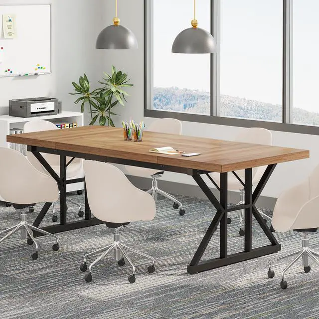 Alt view image 3 of 7 - 6FT Conference Table, 70.86 L x 31.49 W x 29.52 H Inches Rectangle Meeting Room Table, Rustic Wood Seminar Table Executive Desk for Office, Conference Room (Light Brown)