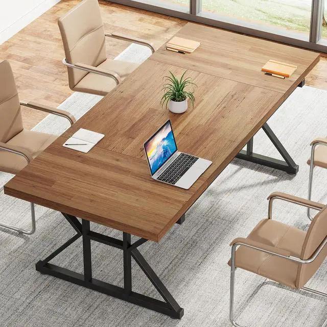 Alt view image 5 of 7 - 6FT Conference Table, 70.86 L x 31.49 W x 29.52 H Inches Rectangle Meeting Room Table, Rustic Wood Seminar Table Executive Desk for Office, Conference Room (Light Brown)