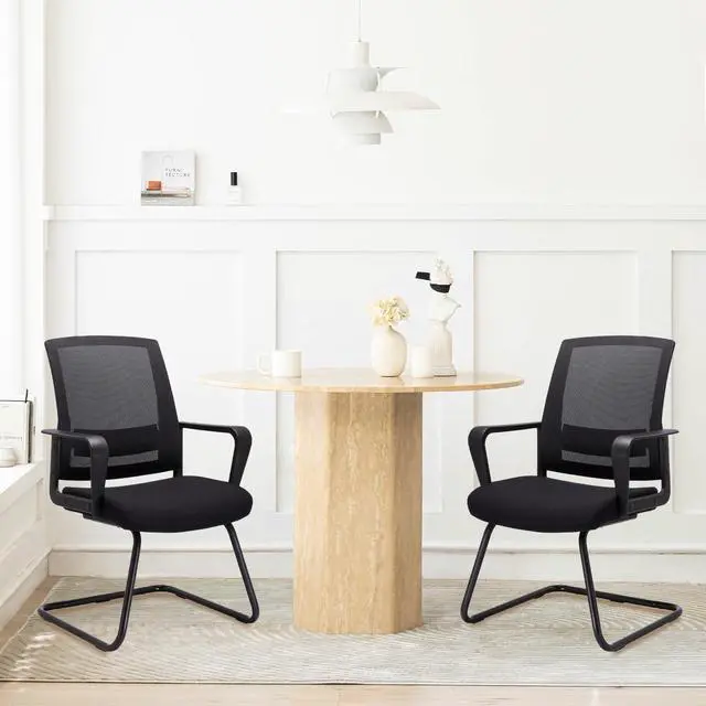 Alt view image 2 of 7 - Waiting Room Chairs with Armrests and Adjustable Lumbar Support, Breathable Mesh Back Desk Chair No Wheels, Office Guest Chairs & Reception Chair for Conference Room, Black, 2PK