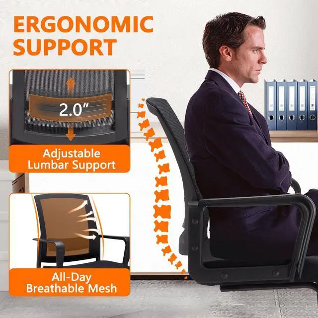 Alt view image 4 of 7 - Waiting Room Chairs with Armrests and Adjustable Lumbar Support, Breathable Mesh Back Desk Chair No Wheels, Office Guest Chairs & Reception Chair for Conference Room, Black, 2PK