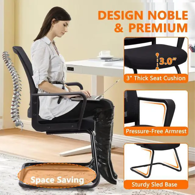 Alt view image 5 of 7 - Waiting Room Chairs with Armrests and Adjustable Lumbar Support, Breathable Mesh Back Desk Chair No Wheels, Office Guest Chairs & Reception Chair for Conference Room, Black, 2PK