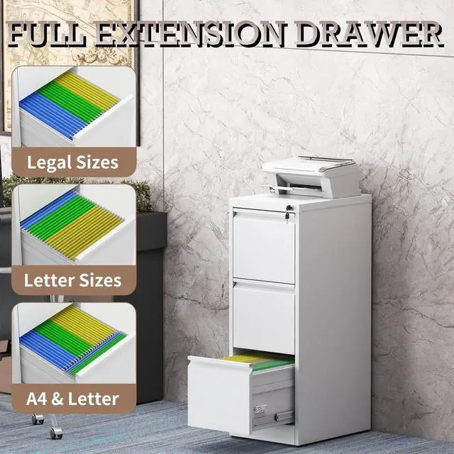 Alt view image 4 of 6 - 3 Drawer Vertical File Cabinet with Lock, Metal Filing Cabinets for Home Office, Heavy Duty File Storage Cabinet for Legal/Letter/A4 Documents, Easy to Assemble, White