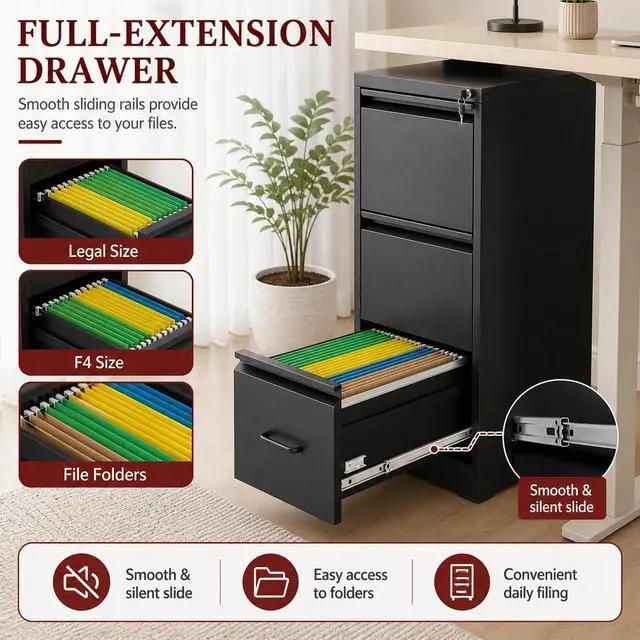 Alt view image 4 of 7 - 3 Drawer Vertical File Cabinet with Lock for Home Office | Metal Filing Cabinets, Heavy Duty File Storage Cabinet for Legal/Letter/A4 Documents, Easy to Assemble, Black