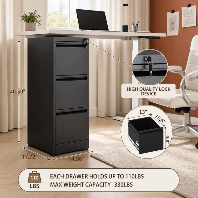 Alt view image 3 of 7 - 3 Drawer Vertical File Cabinet with Lock for Home Office | Metal Filing Cabinets, Heavy Duty File Storage Cabinet for Legal/Letter/A4 Documents, Easy to Assemble, Black
