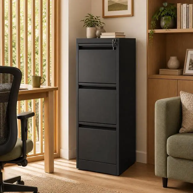 Alt view image 2 of 7 - 3 Drawer Vertical File Cabinet with Lock for Home Office | Metal Filing Cabinets, Heavy Duty File Storage Cabinet for Legal/Letter/A4 Documents, Easy to Assemble, Black