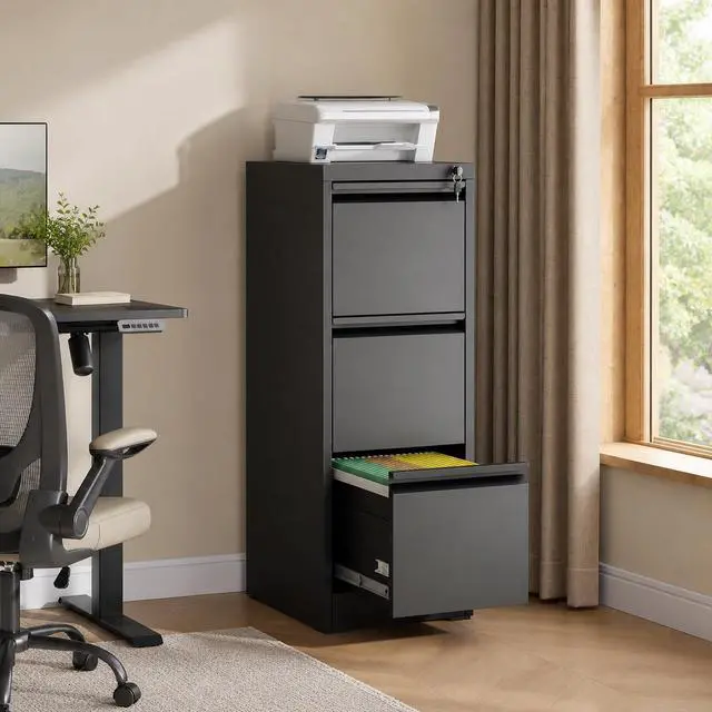 Alt view image 5 of 7 - 3 Drawer Vertical File Cabinet with Lock for Home Office | Metal Filing Cabinets, Heavy Duty File Storage Cabinet for Legal/Letter/A4 Documents, Easy to Assemble, Black