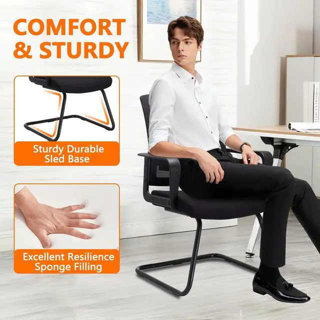 Alt view image 6 of 7 - Waiting Room Chairs with Armrests and Adjustable Lumbar Support, Breathable Mesh Back Desk Chair No Wheels, Office Guest Chairs & Reception Chair for Conference Room, Black, 2PK