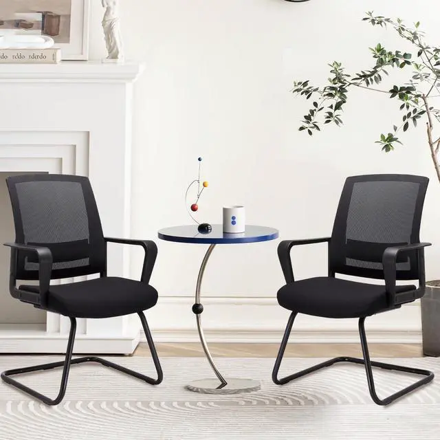 Alt view image 7 of 7 - Waiting Room Chairs with Armrests and Adjustable Lumbar Support, Breathable Mesh Back Desk Chair No Wheels, Office Guest Chairs & Reception Chair for Conference Room, Black, 2PK