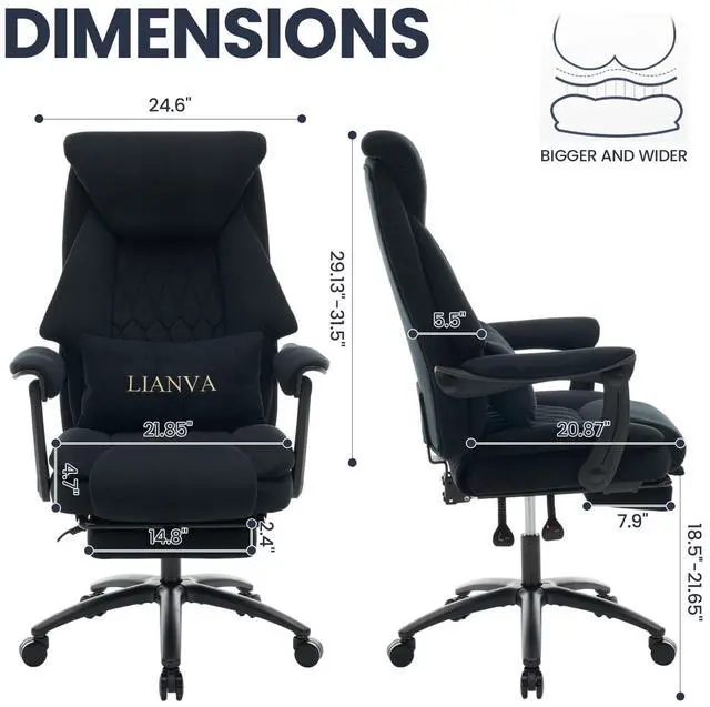 Alt view image 2 of 7 - Big and Tall Office Chair, 500LBS Ergonomic Executive Office Chair with Foot Rest, 155° Reclining High Back Gaming Desk Chair with Lumbar Support, Adjustable Headrest & Linked Armrests, Black