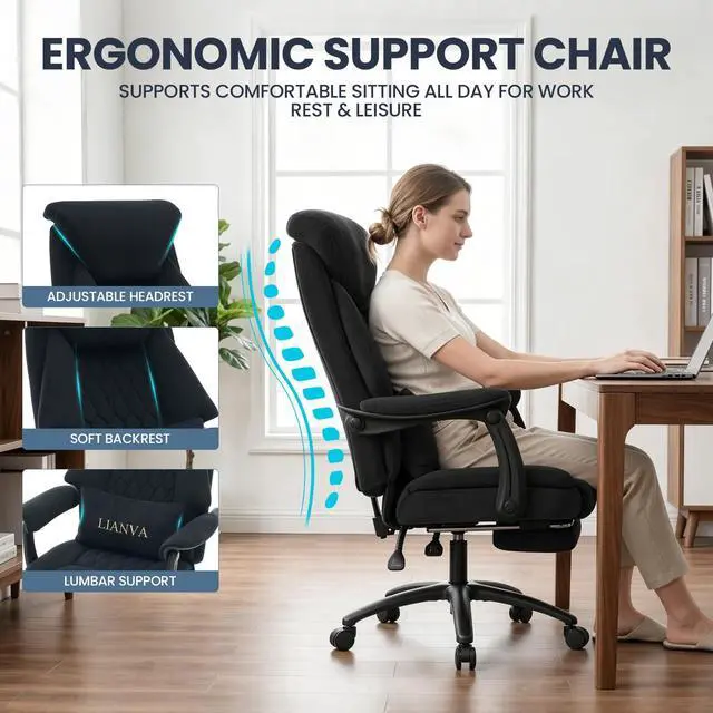 Alt view image 3 of 7 - Big and Tall Office Chair, 500LBS Ergonomic Executive Office Chair with Foot Rest, 155° Reclining High Back Gaming Desk Chair with Lumbar Support, Adjustable Headrest & Linked Armrests, Black