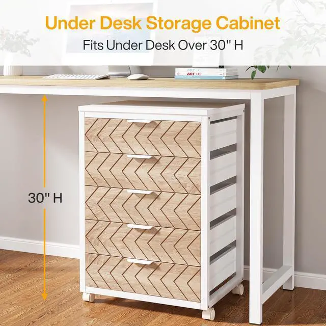 Alt view image 2 of 7 - 5-Drawer File Cabinet, Wood Mobile Storage Unit, Beige & White | Industrial Office Cabinet, with Wheels and Drawers, Rolling Printer Stand, Fits Home and Office