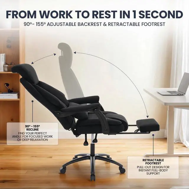 Alt view image 5 of 7 - Big and Tall Office Chair, 500LBS Ergonomic Executive Office Chair with Foot Rest, 155° Reclining High Back Gaming Desk Chair with Lumbar Support, Adjustable Headrest & Linked Armrests, Black