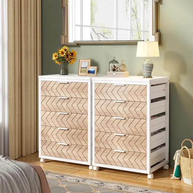 Alt view image 4 of 7 - 5-Drawer File Cabinet, Wood Mobile Storage Unit, Beige & White | Industrial Office Cabinet, with Wheels and Drawers, Rolling Printer Stand, Fits Home and Office